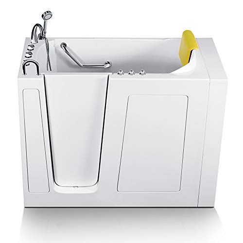 Stylish walk-in bathtub with combo air & whirlpool massage and faucet set in a clean, modern white design.