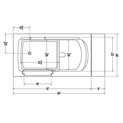 Detailed diagram of a walk-in bathtub with dimensions, showing the layout and specifications of the product.