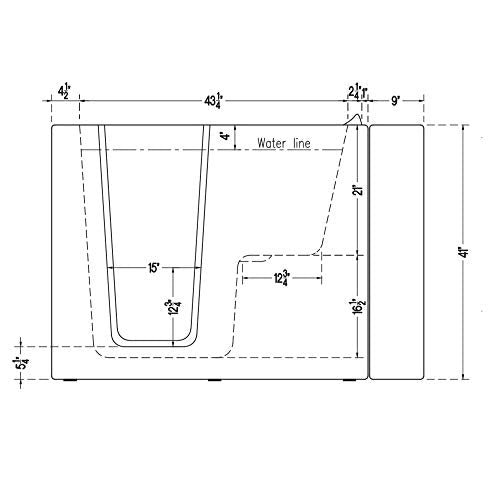 A detailed diagram of a walk-in bathtub with dimensions and key features clearly marked, including the water line, drain placement, and size specifications. This product image would be suitable for an ecommerce store like Walk-in Tubs to showcase the technical details of the walk-in tub.